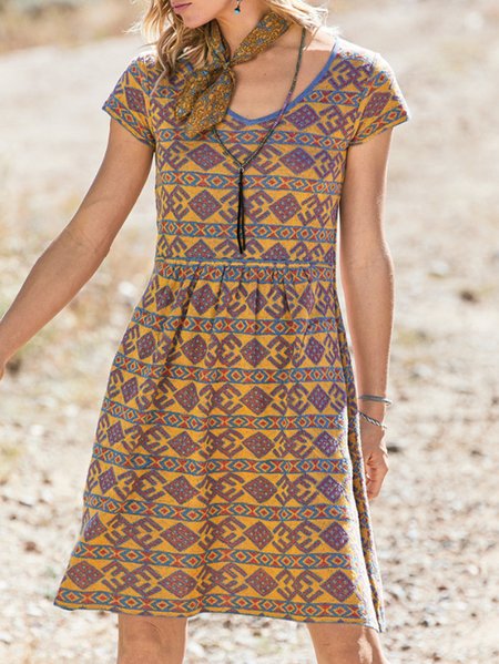

Loosen Casual Tribal Printed Short Sleeve Knit Dress, Yellow, Dresses