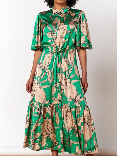 

Shirt Collar Floral Regular Fit Short Sleeve Woven Dress, Green, Maxi Dresses