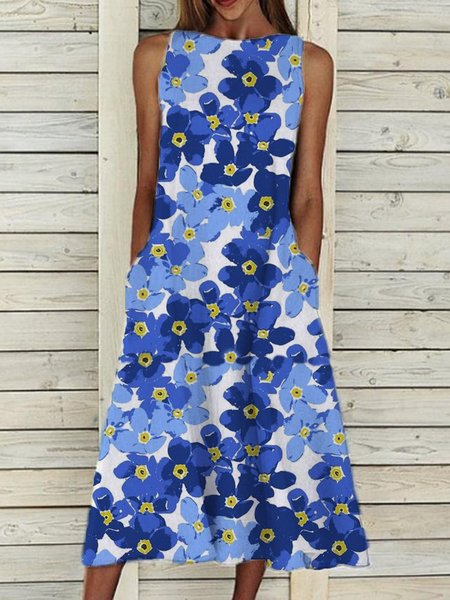 

Casual Floral Crew Neck Sleeveless Woven Dresses, Blue, Midi Dresses
