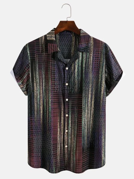 

Mens Striped Printed Breathable Casual Short Sleeve Shirt, Black, Shirts ＆ Blouse