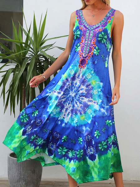 

Blue Tie Dye Gradient Ethnic Sleeveless Resort Beach Dress Tie Dye V Neck Short Sleeve Knit Dress, Floral Dresses