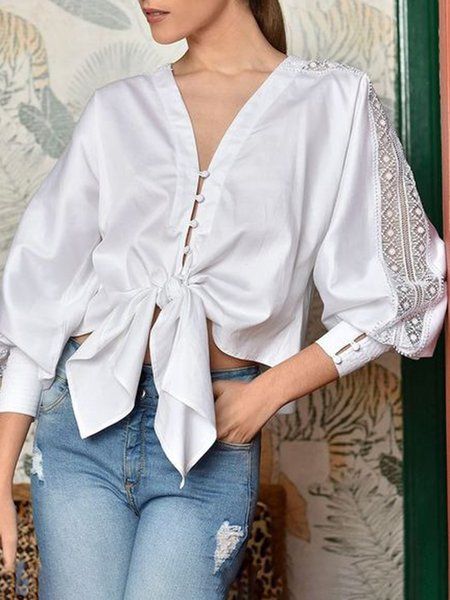 

Elegant V Neck Regular Fit Long Sleeve Blouse, White, Blouses and Shirts