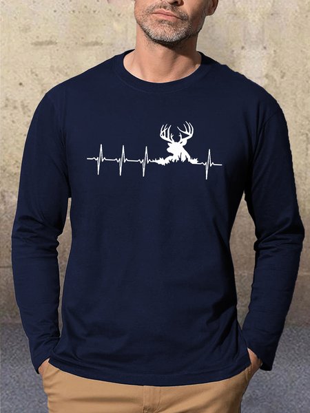 

Deer Funny Print Casual Long Sleeve T-Shirt, Dark blue, Long Sleeves