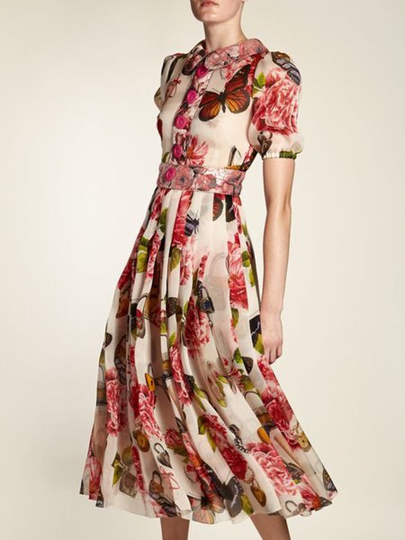 

Gorgeous Floral Lapel Short Sleeve Woven Midi Dress, Multicolor, Midi Dresses