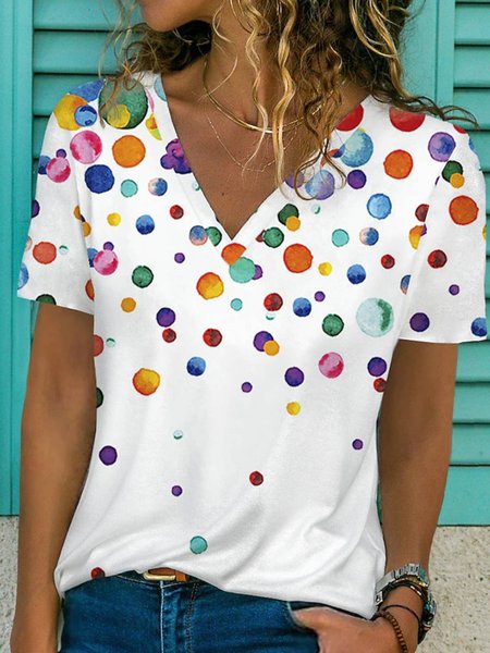 

Casual Polka Dots Short Sleeve T-Shirt, White, T-Shirts