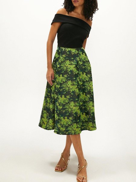 

Abstract Boat Neck Vacation Short Sleeve Woven Dress, Green, Midi Dresses