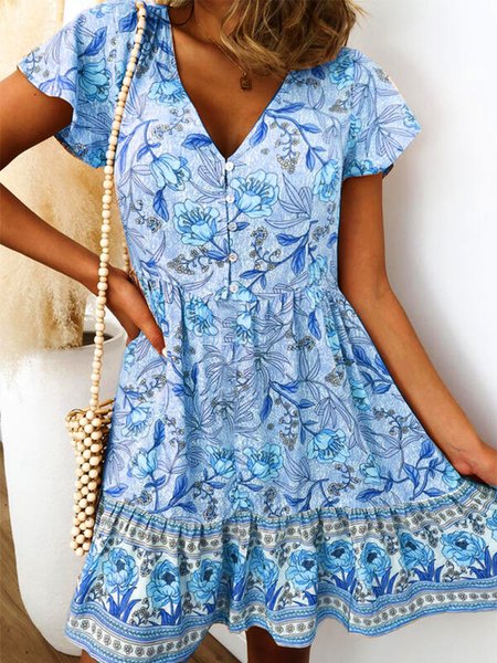 

Floral Casual Buttoned Short Sleeve Woven Dress, Blue, Mini Dresses