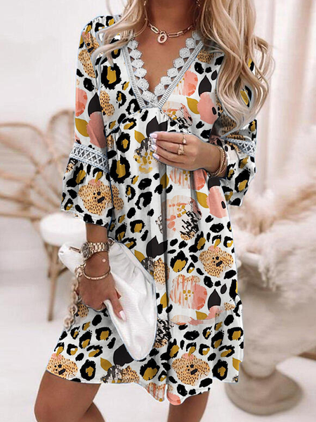 

Flare Sleeve Vacation Leopard Lace Long Sleeve Woven Dress, Multicolor, Dresses