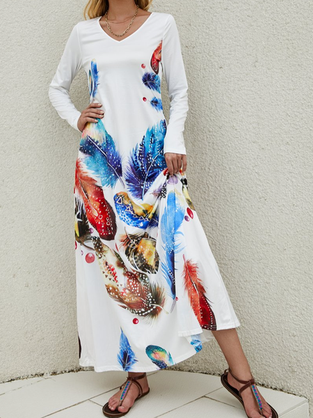 

White & Blue Dreamy Gradient Feather Print Pocket Resort Beach Dress Vacation Long Sleeve Knit Dress, Maxi Dresses