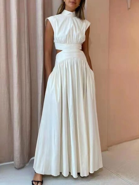 

Plain High Neck Fashion Sleeveless Woven Maxi Dress, White, Maxi Dresses
