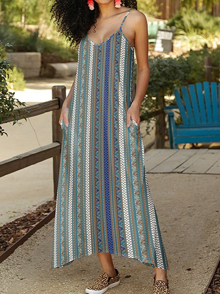 

Ethnic Paisley Stripe Pocket Sleeveless Resort Seaside Dress Spaghetti Vacation Short Sleeve Woven Dress, Green, Maxi Dresses