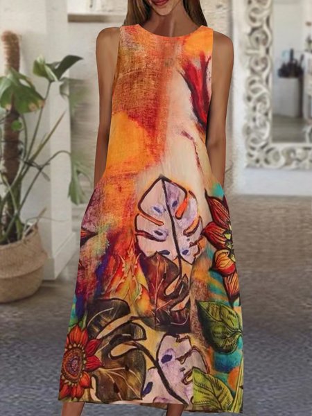 

Vacation Floral Leaves Casual Loosen Boat Neck Pockets Long Sleeveless Woven Dresses, Orange, Maxi Dresses