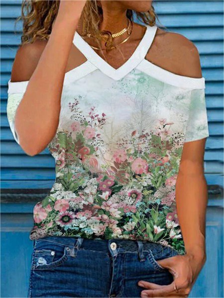 

Casual Floral V neck Short Sleeve Loosen T-Shirt, Green, T-Shirts