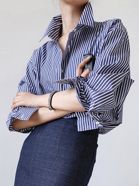 

Shirt Collar Striped Long Sleeve Blouse, Blue, Blouses and Shirts