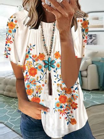 

Crew Neck Floral Short Sleeve Tops, Multicolor, Tunics