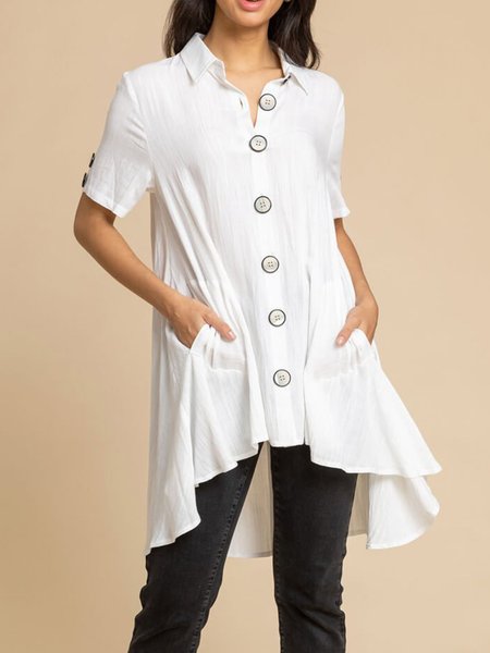 

Solid Loosen Shirt Collar Short Sleeve Blouse, White, Blouses and Shirts
