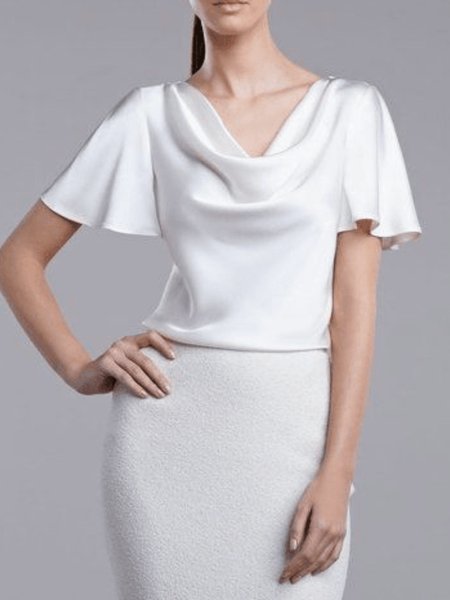 

Summer Lightweight Elegant Regular Fit Short Sleeve Daily Tops, White, Tops