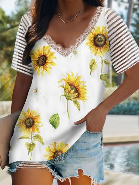 

Vacation Floral Printed Striped Casual Loosen V Neck See-Through Look Short Sleeve T-Shirt, White, T-Shirts