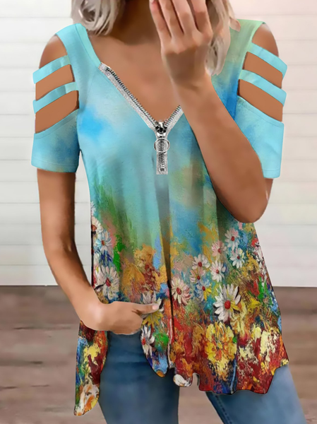 Casual Floral Gradient Print V-Neck Top, As picture, Blouses