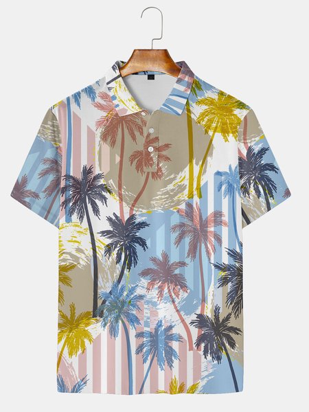 

Holiday Style Hawaiian sSeries Plant Leaves Geometric Stripe Elements Lapel Short-Sleeved Polo Print Top, Multicolor, Men's t-shirts