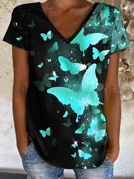 

V Neck Butterfly Casual Short Sleeve T-Shirt, Multicolor, T-Shirts
