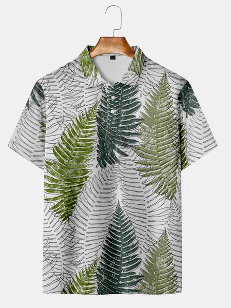 

Vacation Style Hawaiian Series Plant Leaf Element Lapel Short-Sleeved Polo Print Top, Green, Men's t-shirts