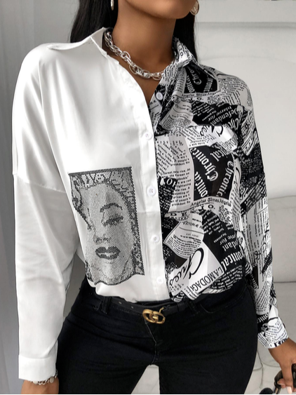 

Loosen Letter Shirt Collar Long Sleeve Blouse, Black-white, Shirts & Blouses