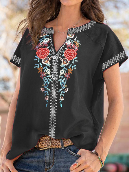 

Loosen V Neck Vacation Floral Short Sleeve T-Shirt, Black, Tees & T-shirts
