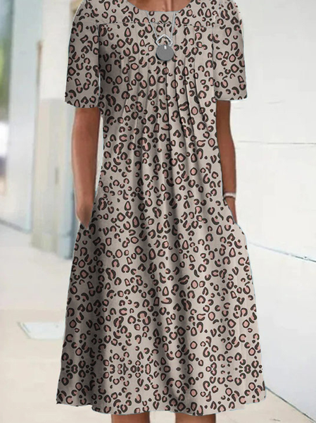 

Leopard Loosen Casual Short Sleeve Knit Dress, Khaki, Dresses