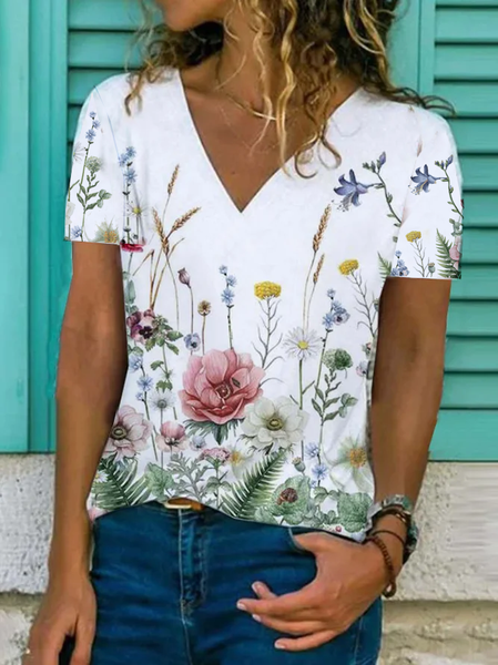 

Floral Short Sleeve Printed Cotton-blend V neck Vintage Summer White T-Shirt, Blouses & Shirts