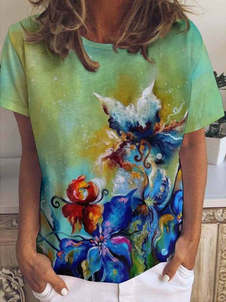 

Casual Abstract Floral Print Crew Neck T-Shirt, As picture, T-shirts