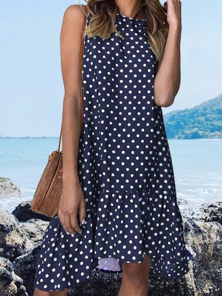 

Loosen Polka Dots Buttoned Sleeveless Woven Dresses, Blue, Mini Dresses