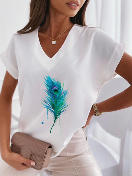 

Feather V Neck Short Sleeve Casual Tops, White, Tops