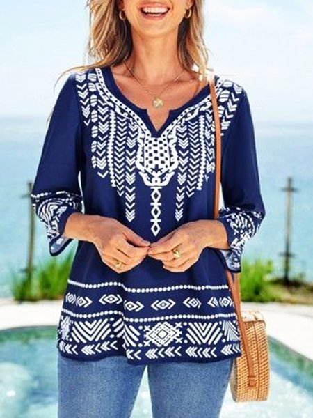 

Tribal Casual Round Neck Three Quarter Loosen Tops, Blue, Tops