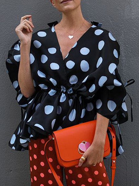 

Cross Front Polka Dots Fashion Long Sleeve Work Top, Black-blue, Tops