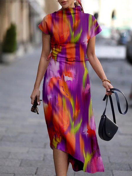 

Vacation Stand Collar Short Sleeve Printed Dress, Purple, Midi Dresses
