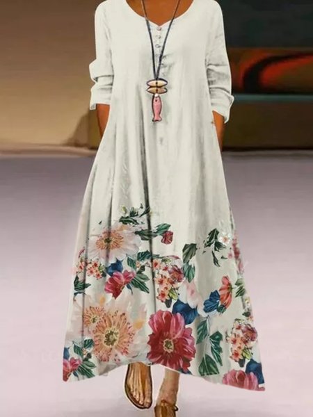 

Casual V Neck Long Sleeve Woven Dress, White, Maxi Dresses