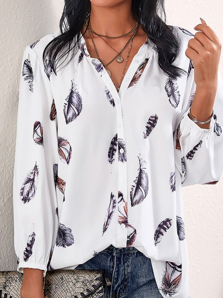 

Leaves Simple Stand Collar Long Sleeve Tops, White, Blouses & Shirts