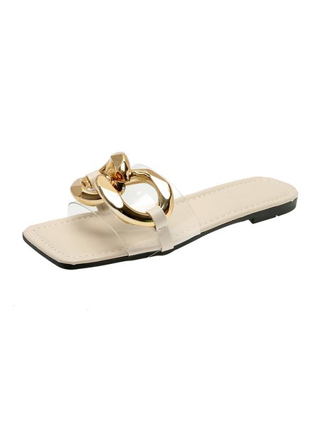 

Gold Large Chain Transparent Strap Square Toe Slippers, Beige, Slippers