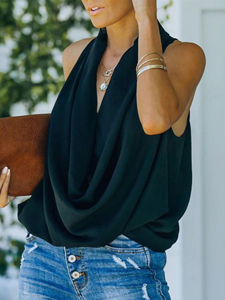 

Casual Regular Fit Sleeveless Solid Top, Black, Tunics