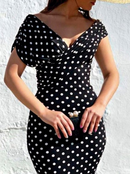 

Elegant Skinny Polka Dots Cap Sleeve Knee Dress, Black, Midi Dresses