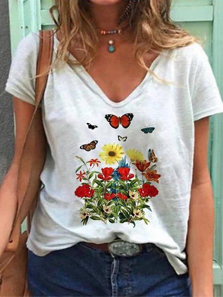 

Floral Casual V Neck Short Sleeve T-Shirt, White, T-Shirts