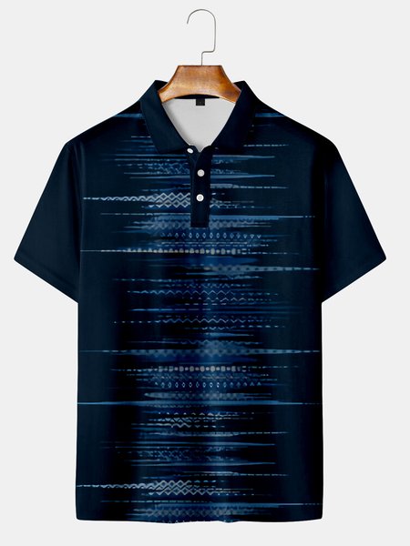 

Casual Style Culture Collection Retro Gradient Geometric Stripes Ethnic Pattern Elements Lapel Short Sleeve Polo Print Top, Purplish blue, Men's t-shirts