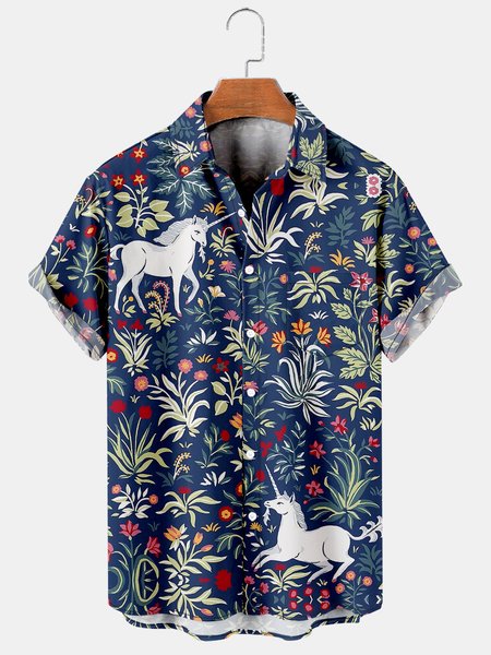 

Men's Casual Short Sleeve Hawaiian Shirt with Chest Pocket Print, Deep blue, Men's Floral shirt