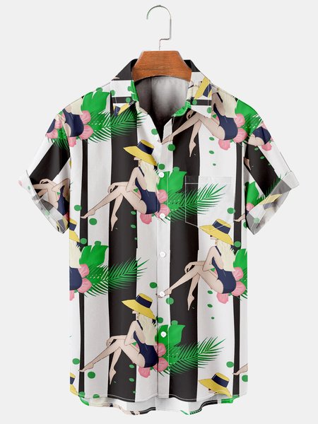 

Men's Vacation Leaf Printed Casual Short Sleeve Hawaiian Shirt with Chest Pocket, White, Men's Floral shirt