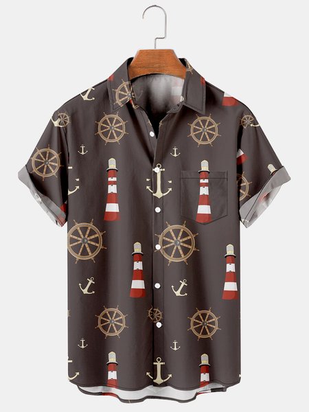 

Men's Retro Casual Breathable Short Sleeve Hawaiian Shirt with Chest Pocket, Coffee, Men's Floral shirt