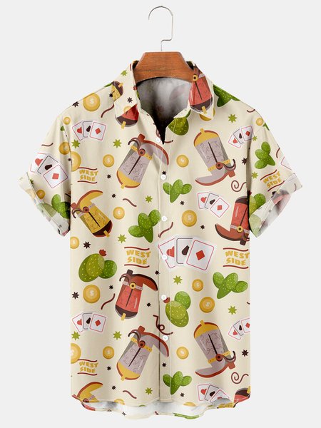 

Men's Vintage Western Denim Print Casual Breathable Short Sleeve Shirt, Beige, Men's Floral shirt