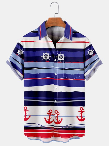 

Men's Striped Printed Casual Short Sleeve Hawaiian Shirt with Chest Pocket, Blue, Men's Floral shirt