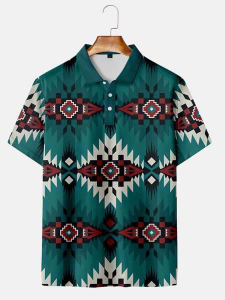 

Casual Style Culture Collection Retro Geometric Striped Ethnic Pattern Elements Lapel Short Sleeve Polo Print Top, Green, Men's t-shirts