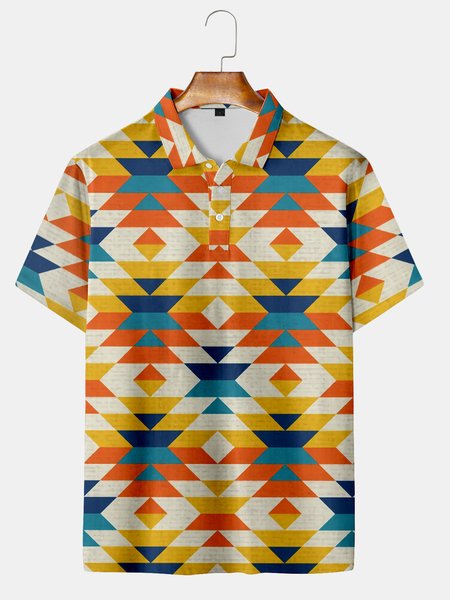 

Casual Style Culture Collection Retro Geometric Striped Ethnic Pattern Elements Lapel Short Sleeve Polo Print Top, Yellow, Men's t-shirts